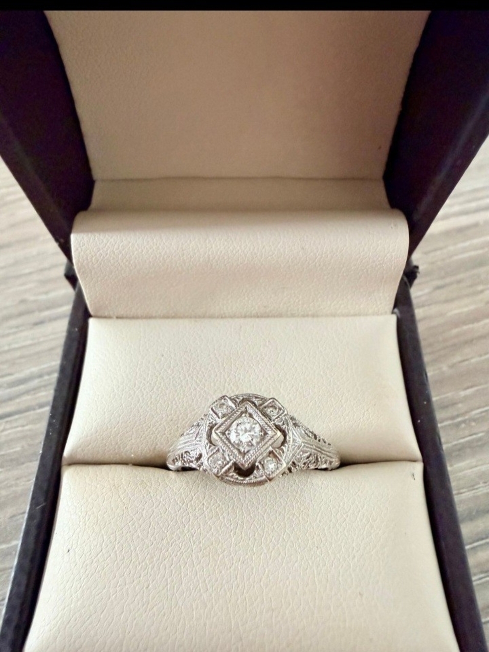 14k Natural Diamond White Gold Filigree Ring